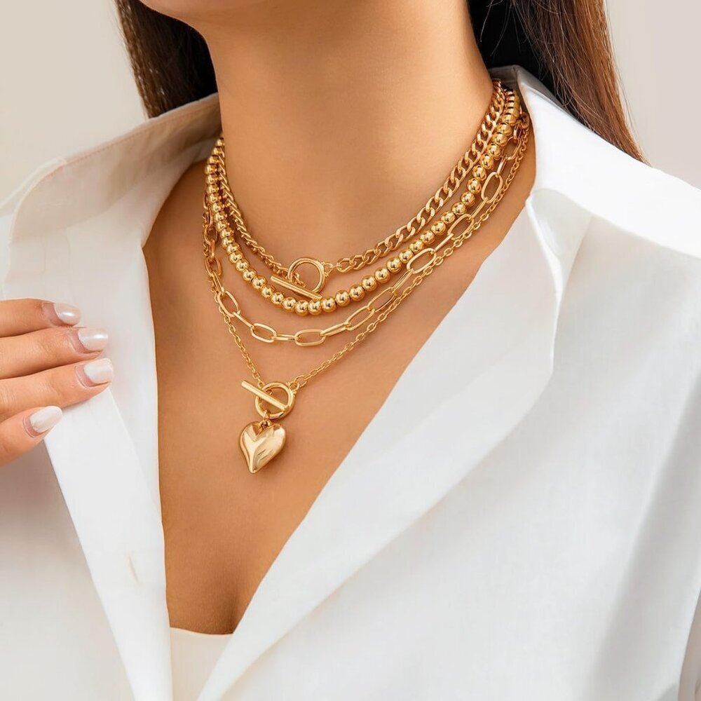 Women's Non Tarnish Chunky Necklace Stack Paperclip Chain Retro Coin Heart - Picture 4 of 9